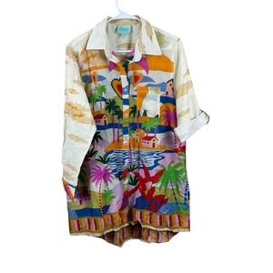 True Destinations Palm Scenic Tunic Colorful Button Up Shirt Womens Mediums New